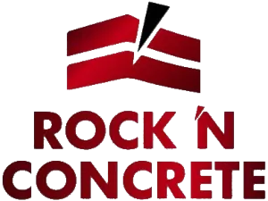 Rock N Concrete logo with maroon color scheme, featuring abstract structral shape and chisel wedged in the structure